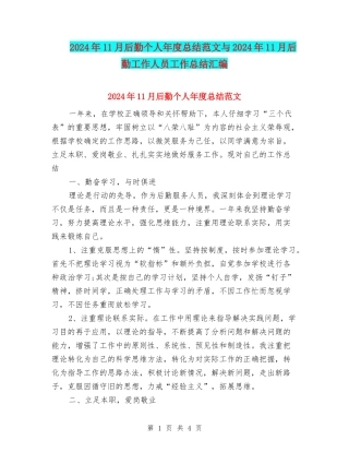 2024年11月后勤个人年度总结范文与2024年11月后勤工作人员工作总结汇编