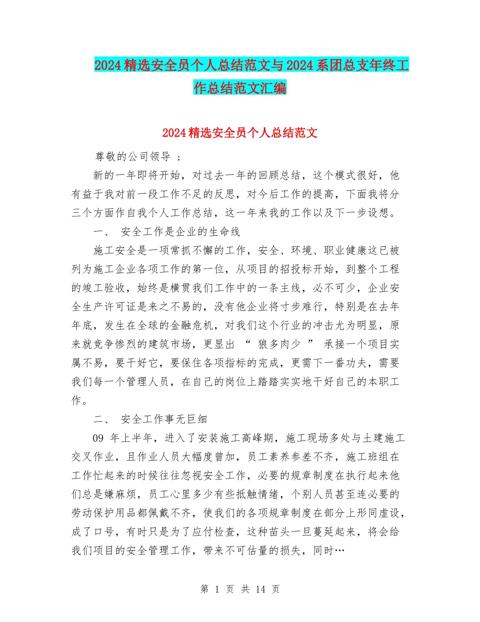 2024精选安全员个人总结范文与2024系团总支年终工作总结范文汇编_第1页