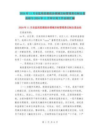 2024年11月安监局思想政治领域目标管理责任制自查总结与2024年11月审计局工作总结汇编