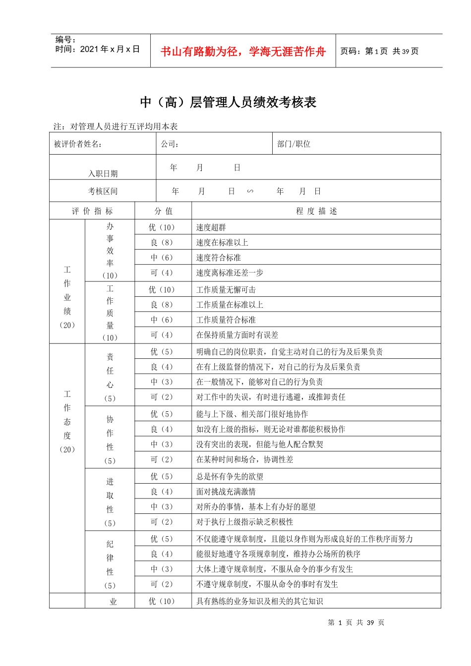 公司中高层考核表_第1页