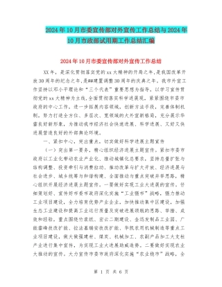 2024年10月市委宣传部对外宣传工作总结与2024年10月市政部试用期工作总结汇编
