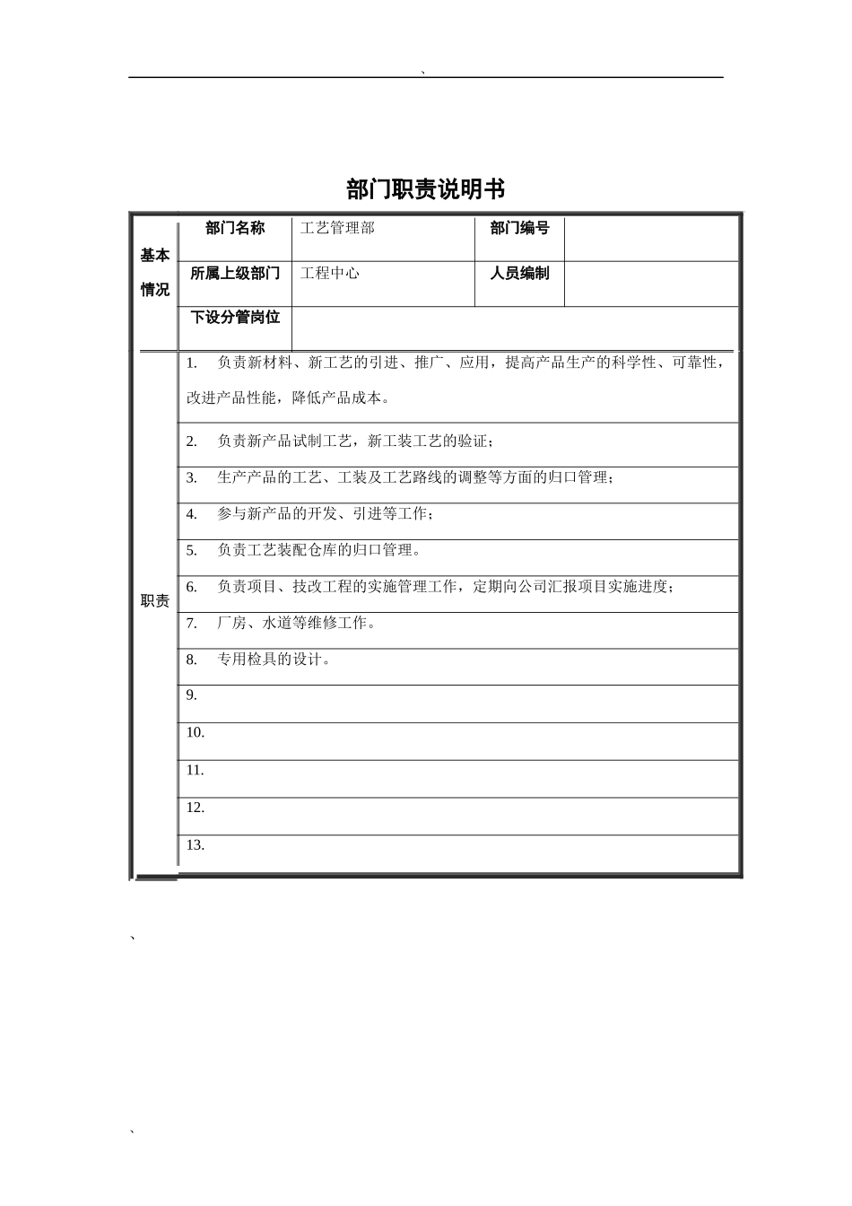 工艺管理部部门职责说明书_第1页