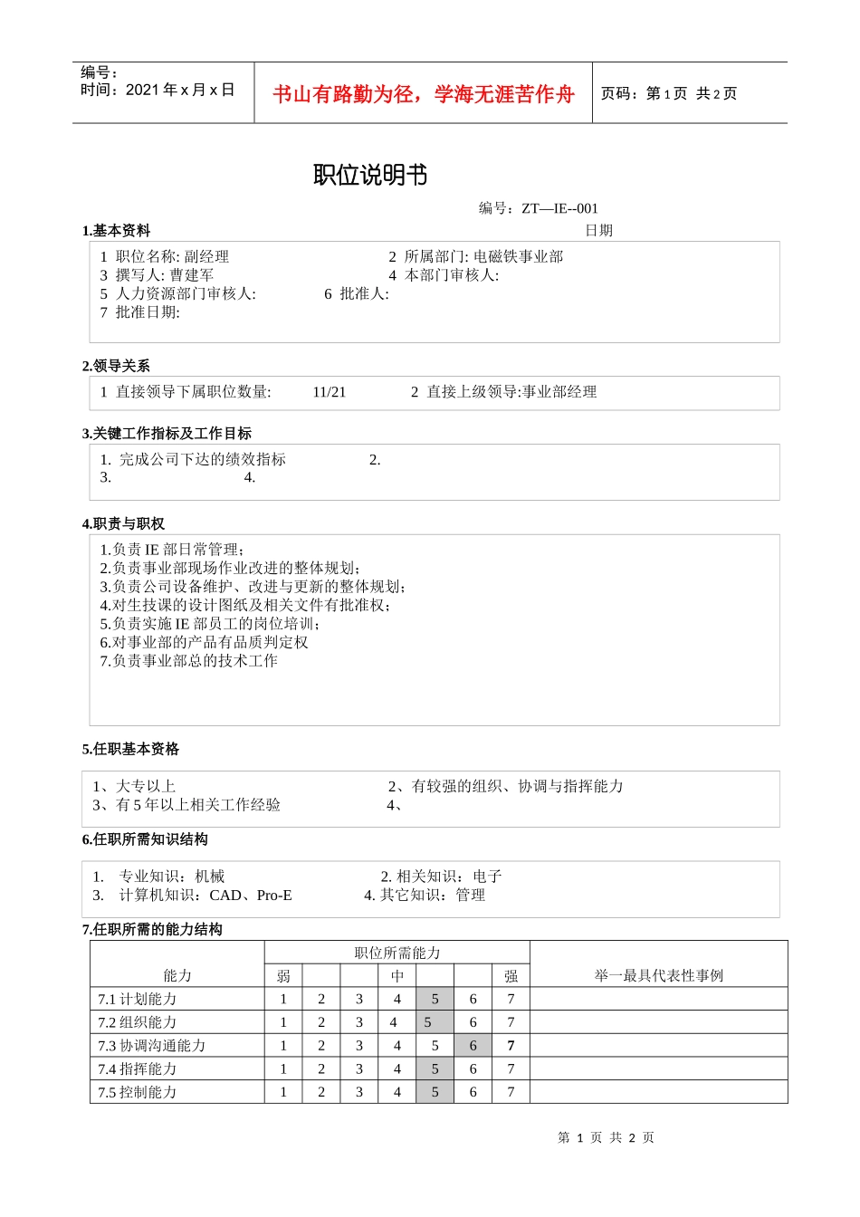 事业部副经理职务说明书_第1页