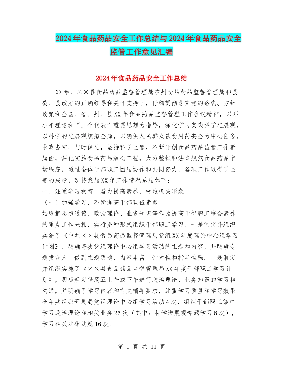 2024年食品药品安全工作总结与2024年食品药品安全监管工作意见汇编_第1页