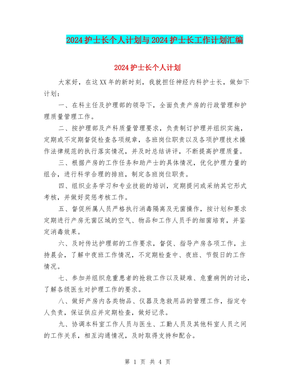 2024护士长个人计划与2024护士长工作计划汇编_第1页