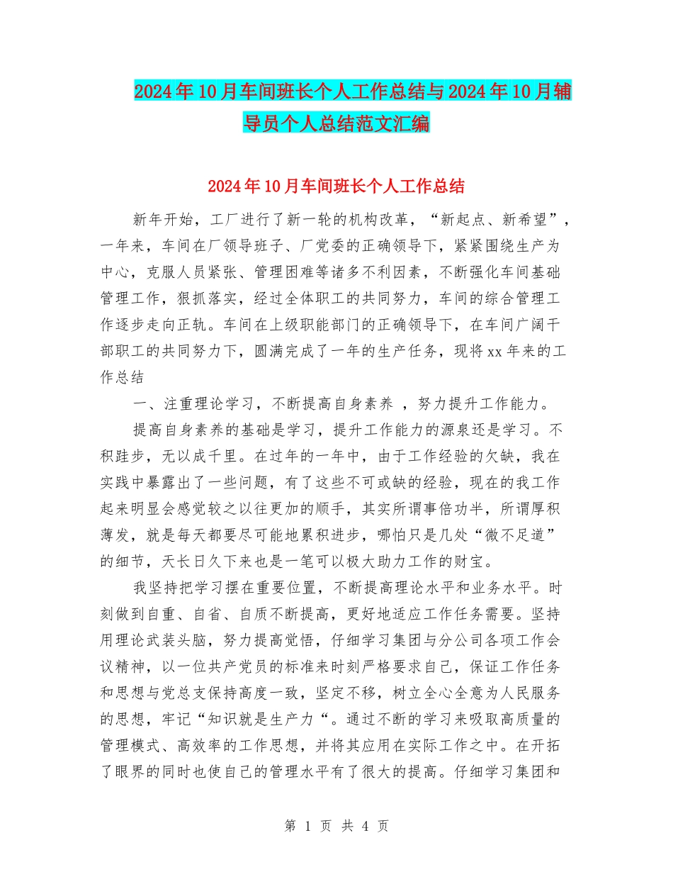 2024年10月车间班长个人工作总结与2024年10月辅导员个人总结范文汇编_第1页