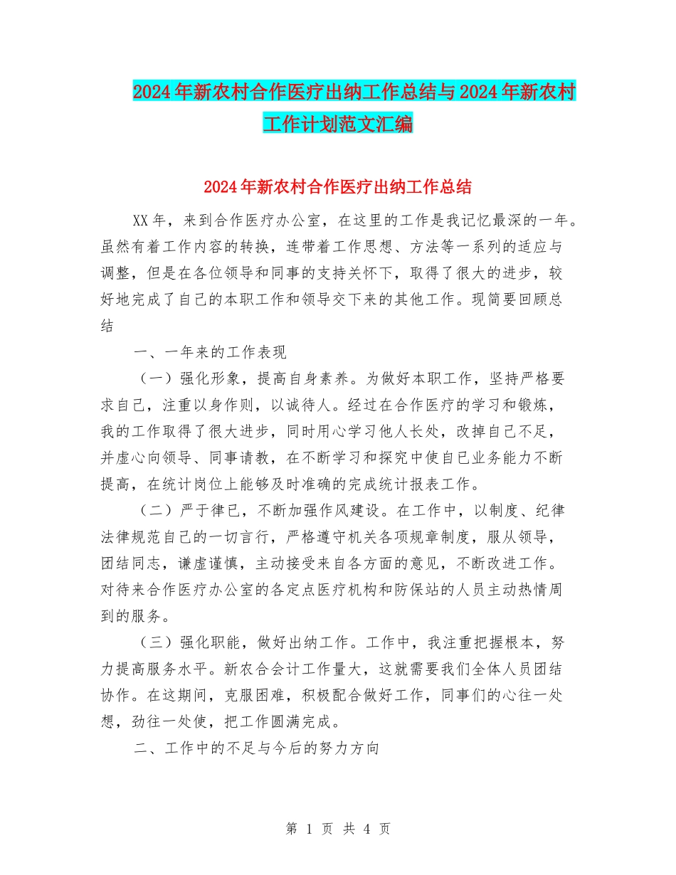 2024年新农村合作医疗出纳工作总结与2024年新农村工作计划范文汇编_第1页