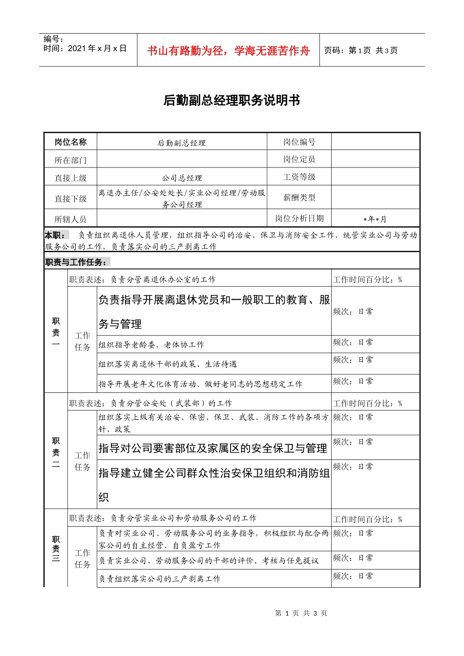 后勤副总经理职务说明书_第1页