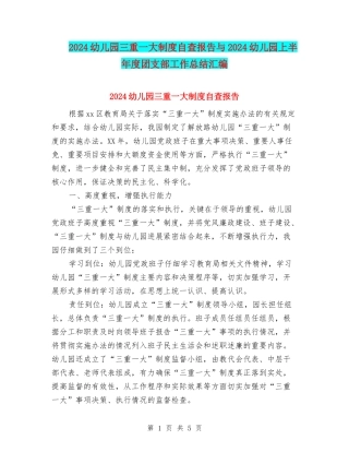 2024幼儿园三重一大制度自查报告与2024幼儿园上半年度团支部工作总结汇编