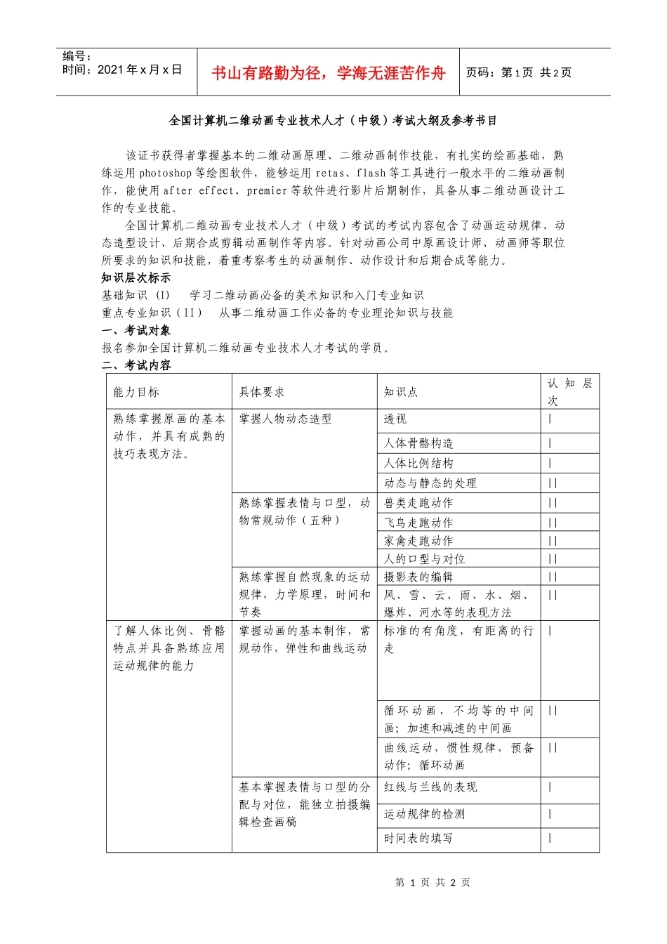 全国计算机二维动画专业技术人才中级考试大纲及参考书目_第1页