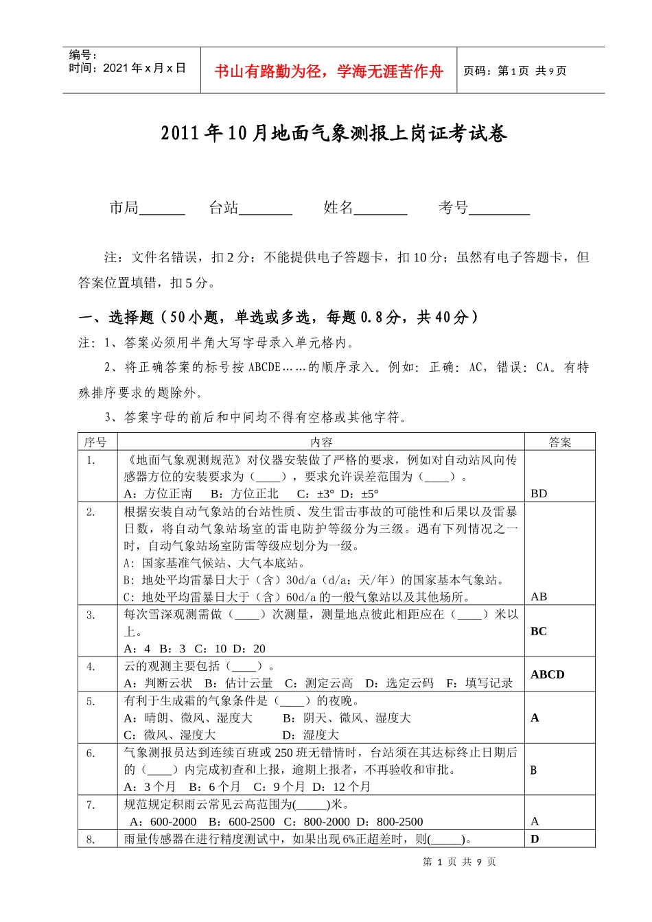 人力资源-2022XXXX年10月地面气象测报上岗证考试卷_第1页