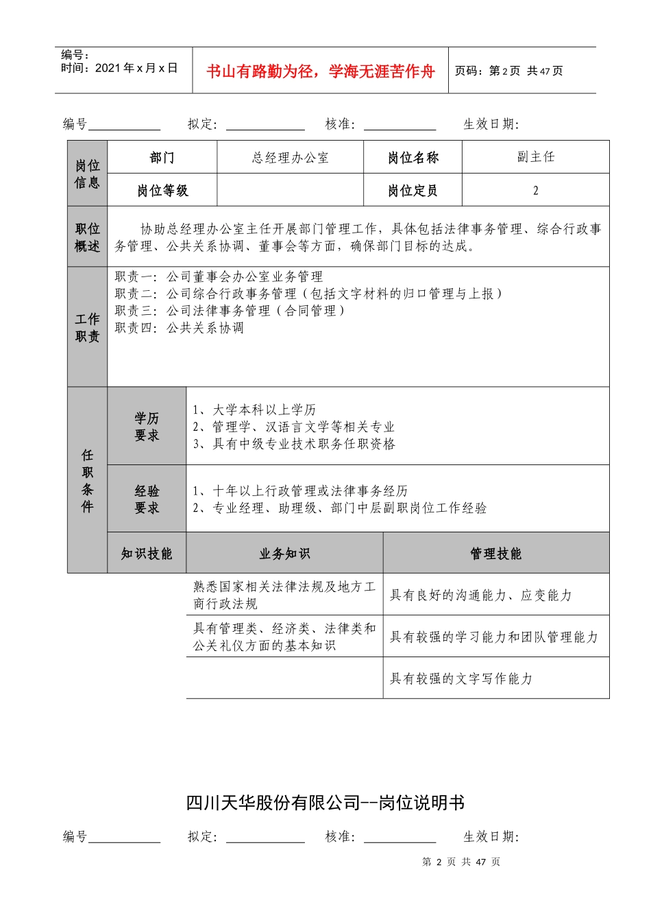四川天华股份岗位说明书_第2页