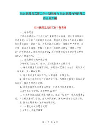 2024医院党支部工作计划表格与2024医院内科护理工作计划汇编