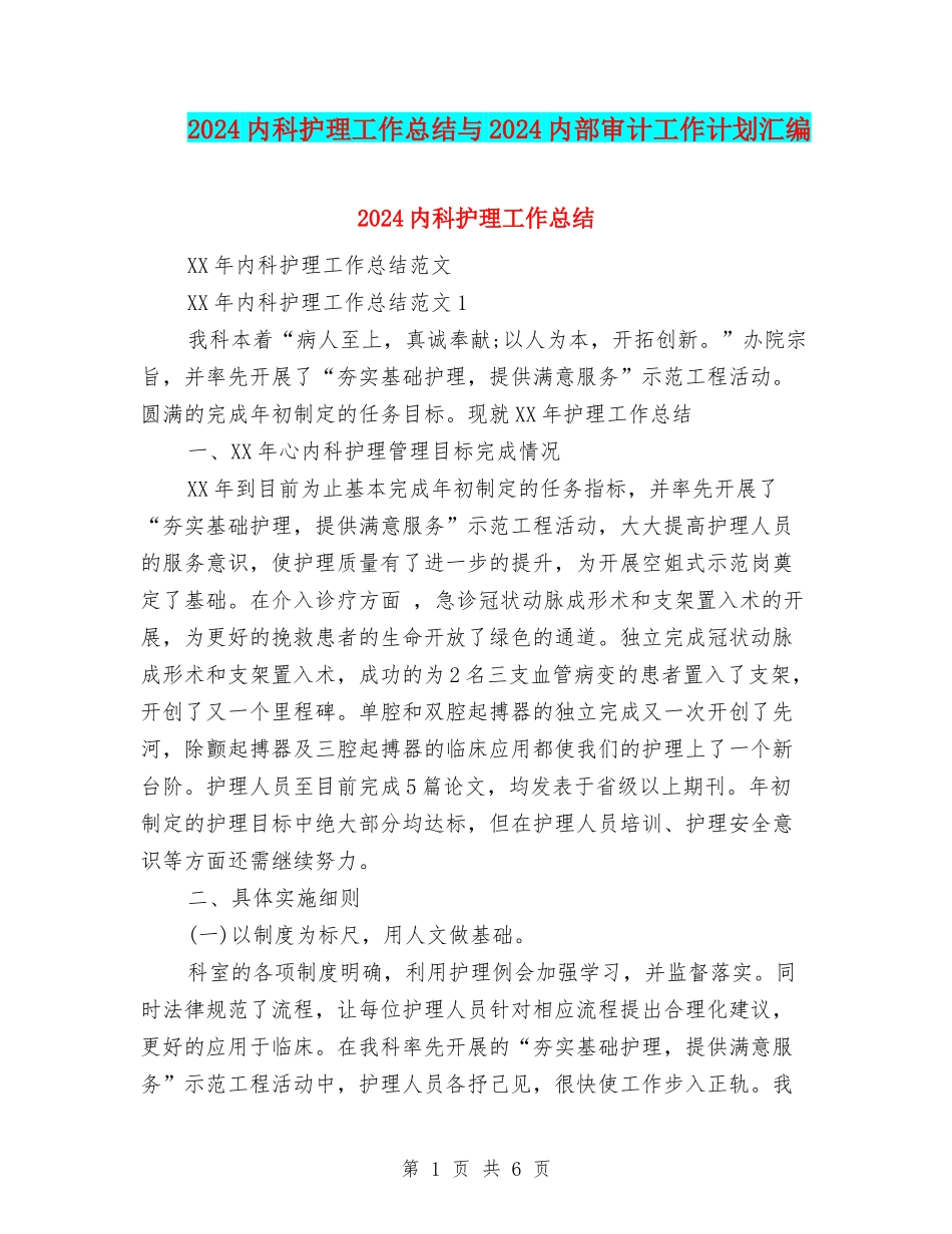 2024内科护理工作总结与2024内部审计工作计划汇编_第1页