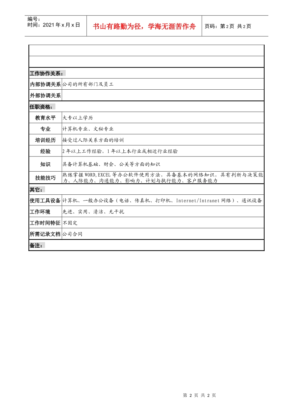 宝地建设集团办公室内勤职务说明书_第2页