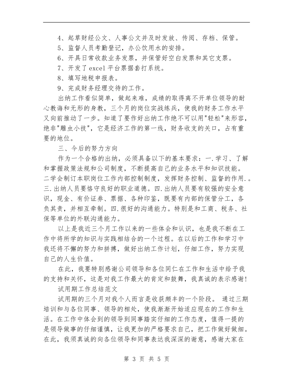 2024年3月出纳试用期工作总结范文_第3页