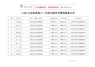 二OO九年体育局十二月份行政许可事项结果公开