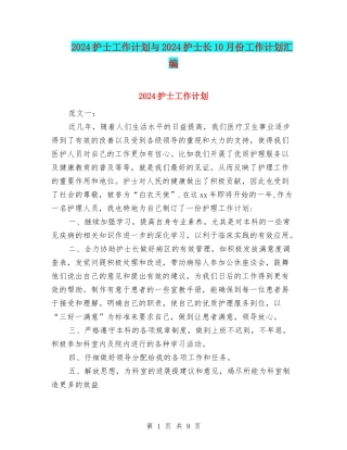 2024护士工作计划与2024护士长10月份工作计划汇编