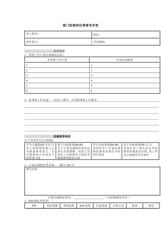体育用品行业-部门经理岗位季度考评表