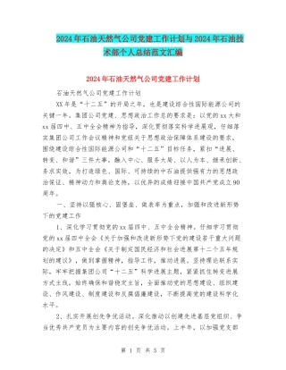 2024年石油天然气公司党建工作计划与2024年石油技术部个人总结范文汇编