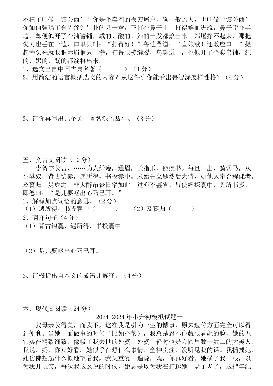 2024-2024年小升初模拟试题一_第3页