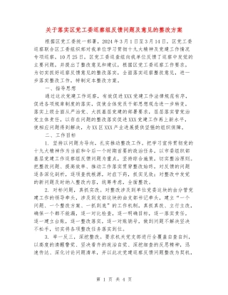 关于落实区党工委巡察组反馈问题及意见的整改方案