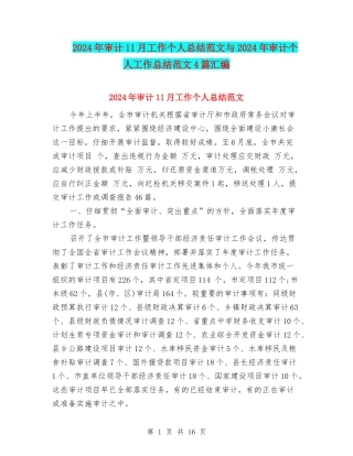 2024年审计11月工作个人总结范文与2024年审计个人工作总结范文4篇汇编