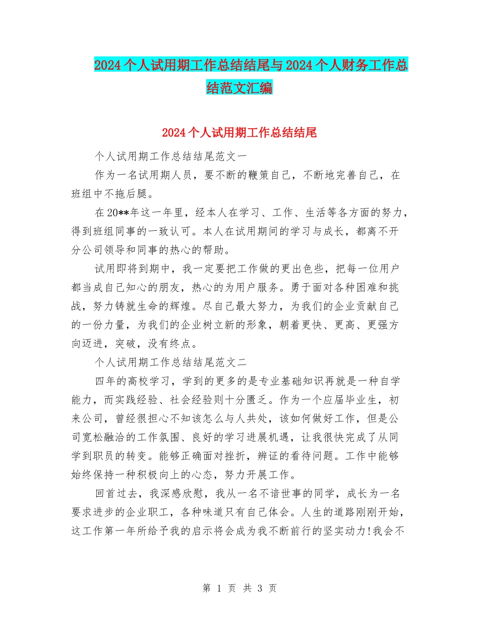 2024个人试用期工作总结结尾与2024个人财务工作总结范文汇编_第1页