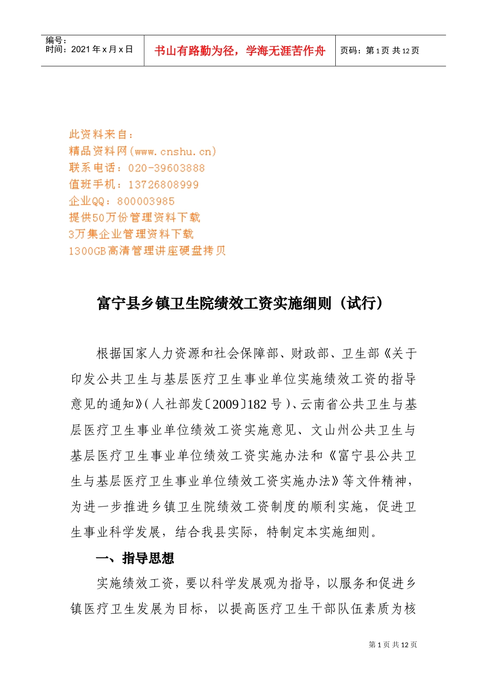 富宁县乡镇卫生院绩效工资实施制度_第1页