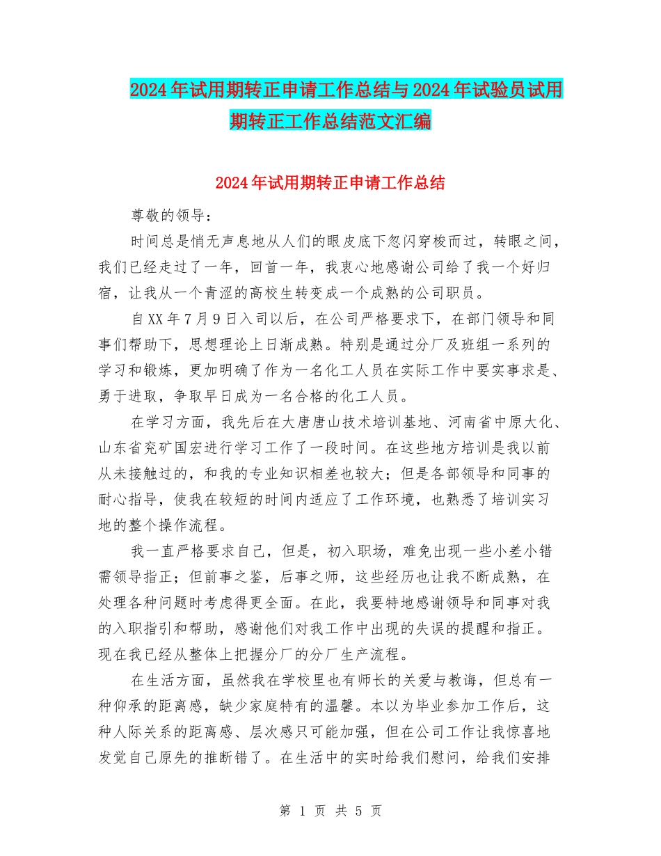 2024年试用期转正申请工作总结与2024年试验员试用期转正工作总结范文汇编_第1页