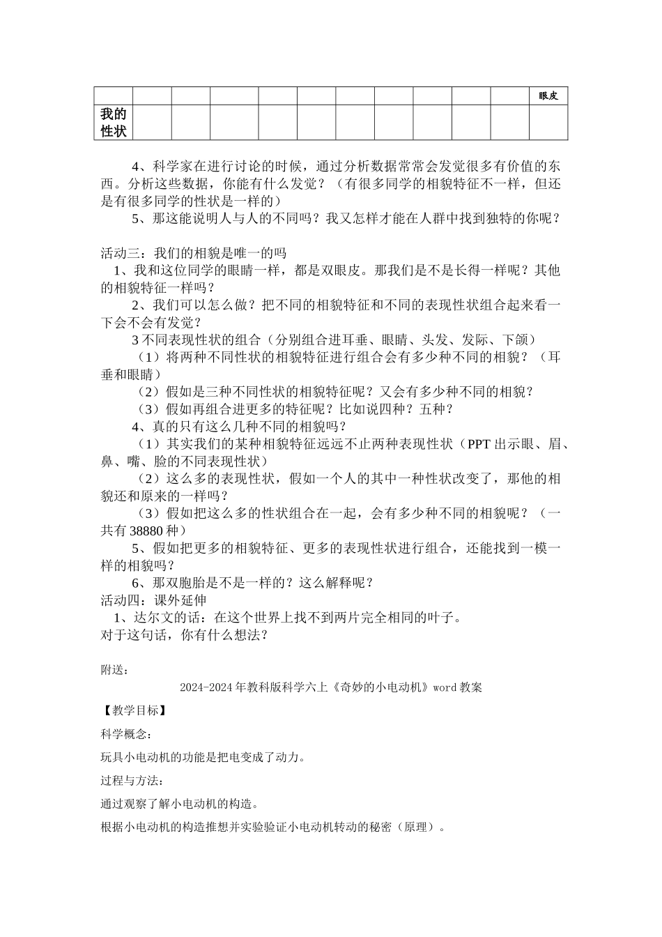 2024-2024年教科版科学六上《相貌各异的我们》教案设计_第3页