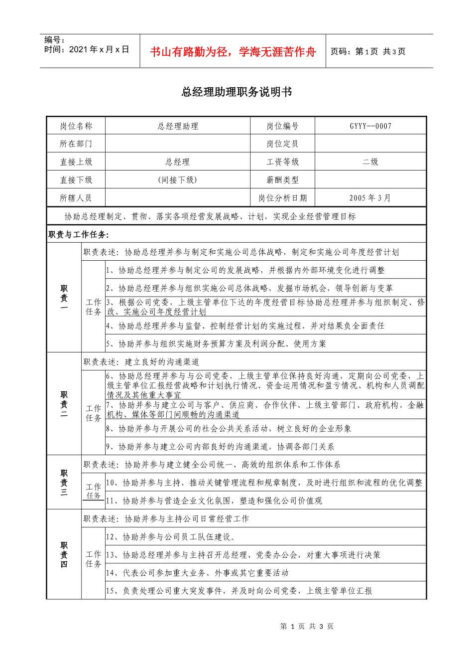 医药公司总经理助理职务说明书_第1页