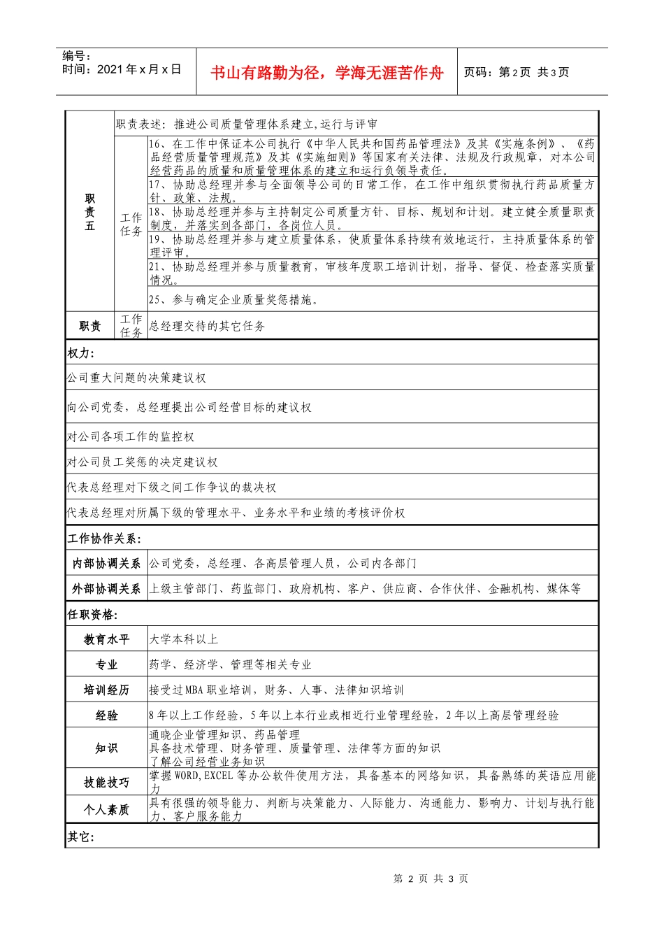 医药公司总经理助理职务说明书_第2页