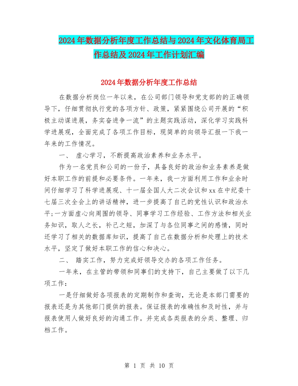 2024年数据分析年度工作总结与2024年文化体育局工作总结及2024年工作计划汇编_第1页