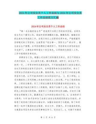 2024年公司安全员个人工作总结与2024年公司安全员工作总结范文汇编