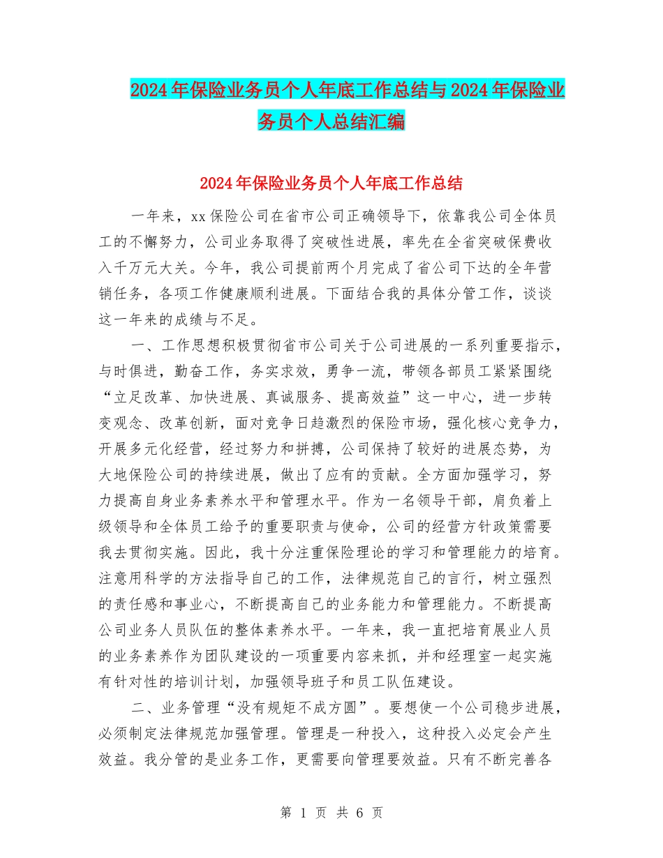 2024年保险业务员个人年底工作总结与2024年保险业务员个人总结汇编_第1页