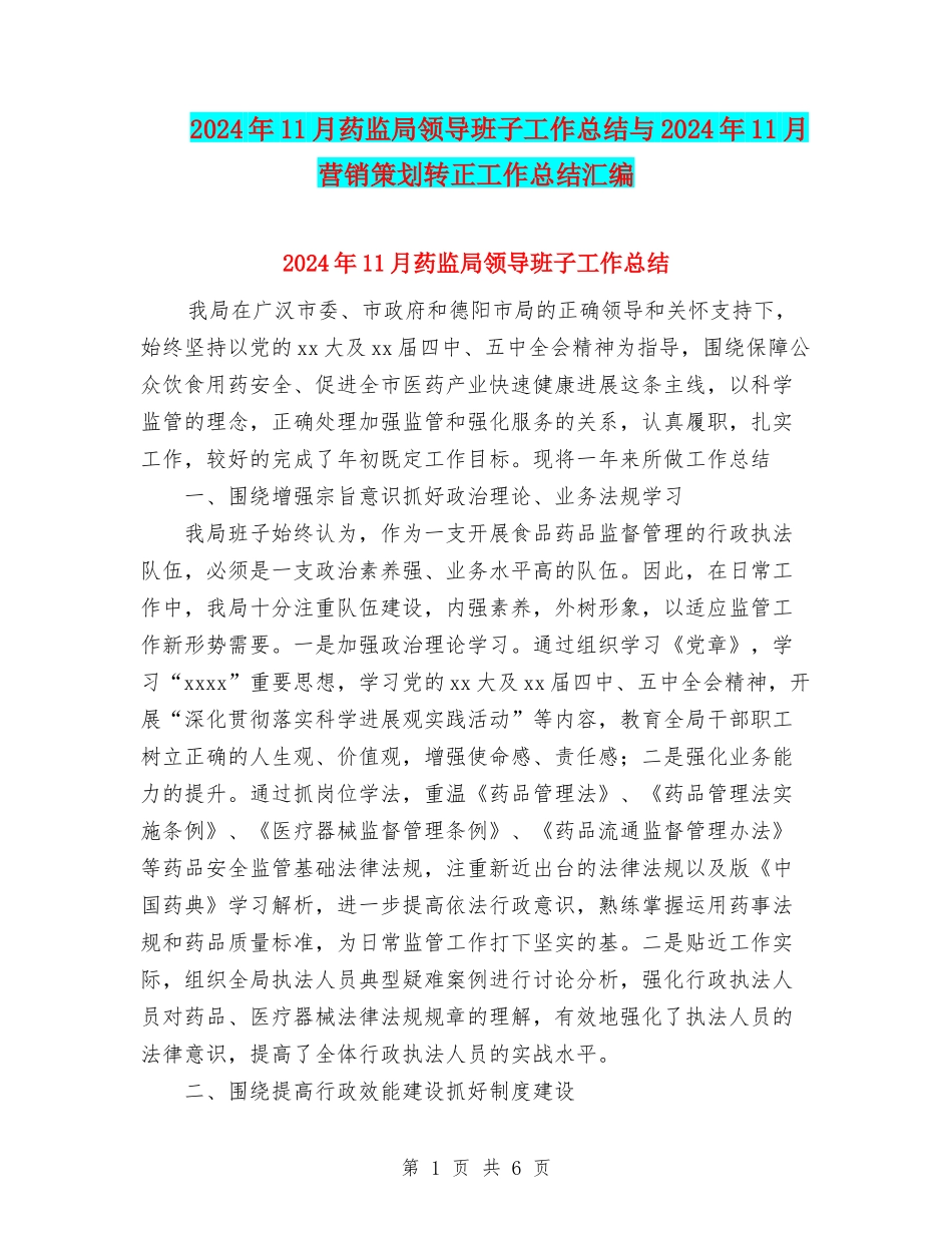 2024年11月药监局领导班子工作总结与2024年11月营销策划转正工作总结汇编_第1页