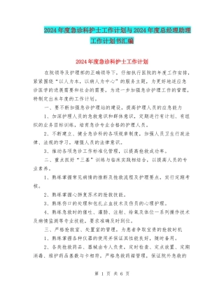 2024年度急诊科护士工作计划与2024年度总经理助理工作计划书汇编