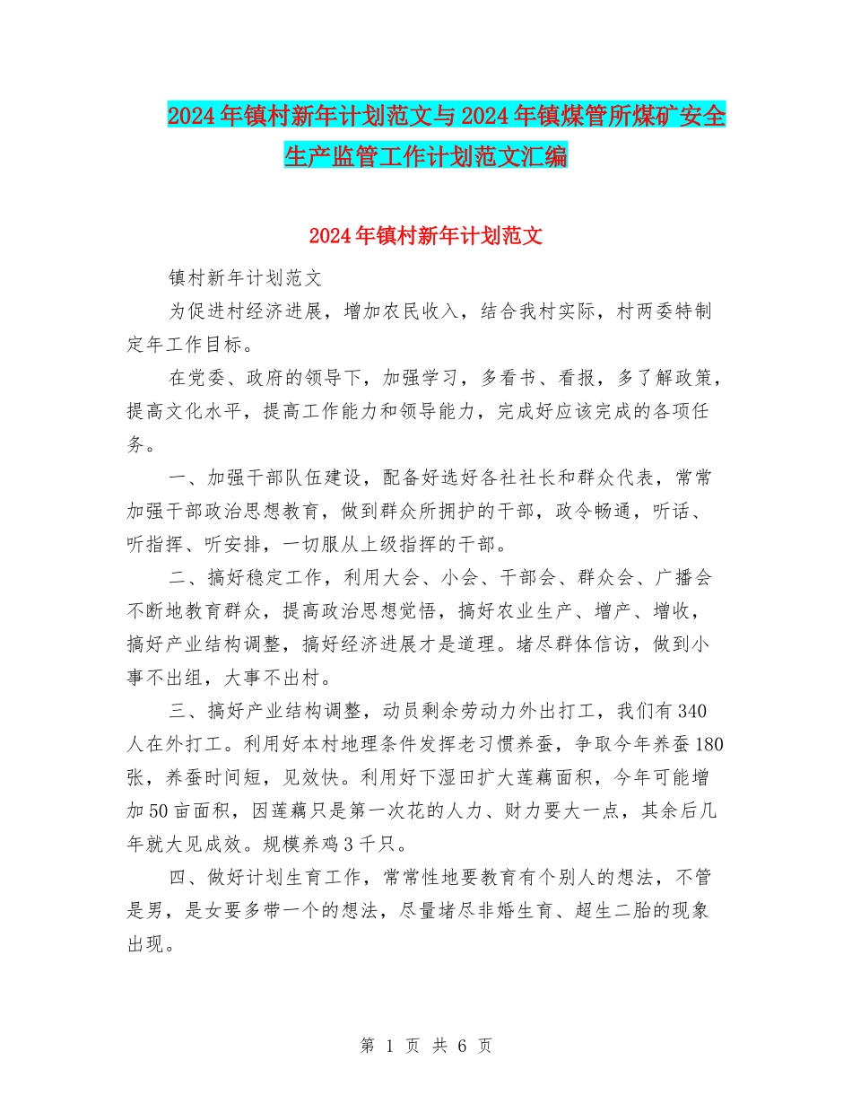 2024年镇村新年计划范文与2024年镇煤管所煤矿安全生产监管工作计划范文汇编_第1页