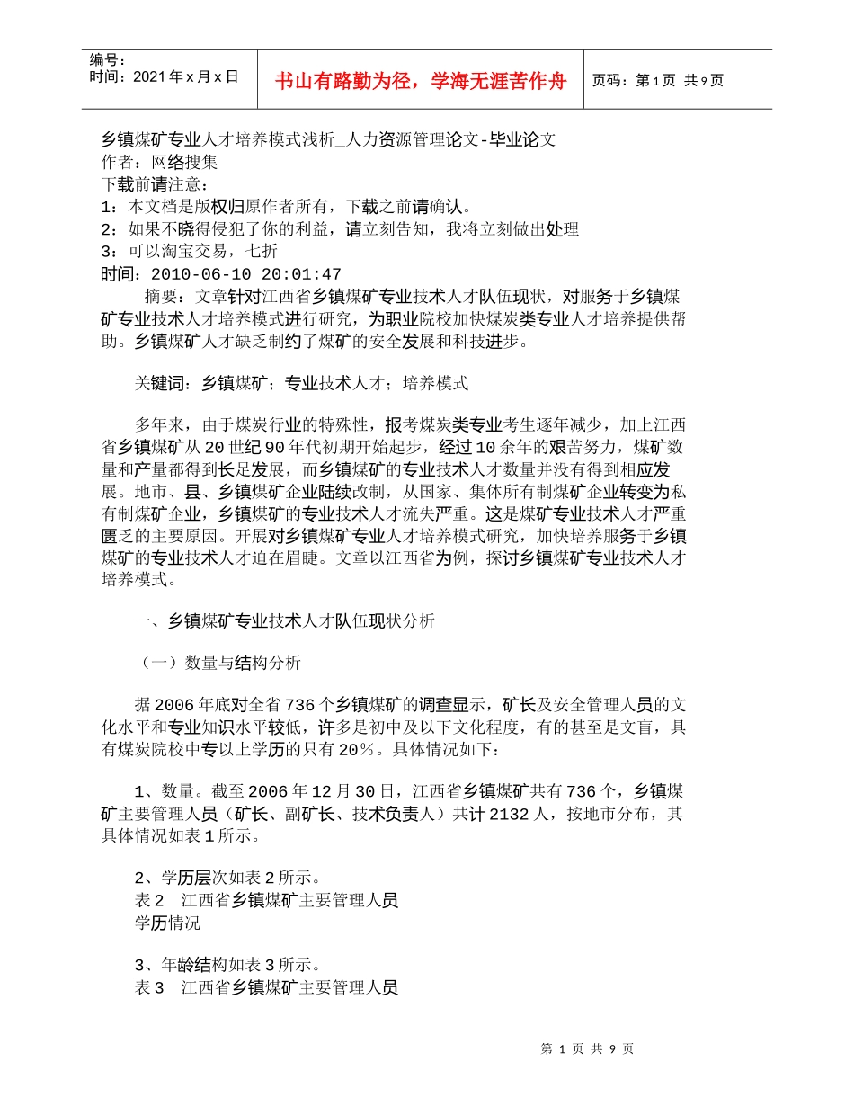 【精品文档-管理学】乡镇煤矿专业人才培养模式浅析_人力资源管_第1页