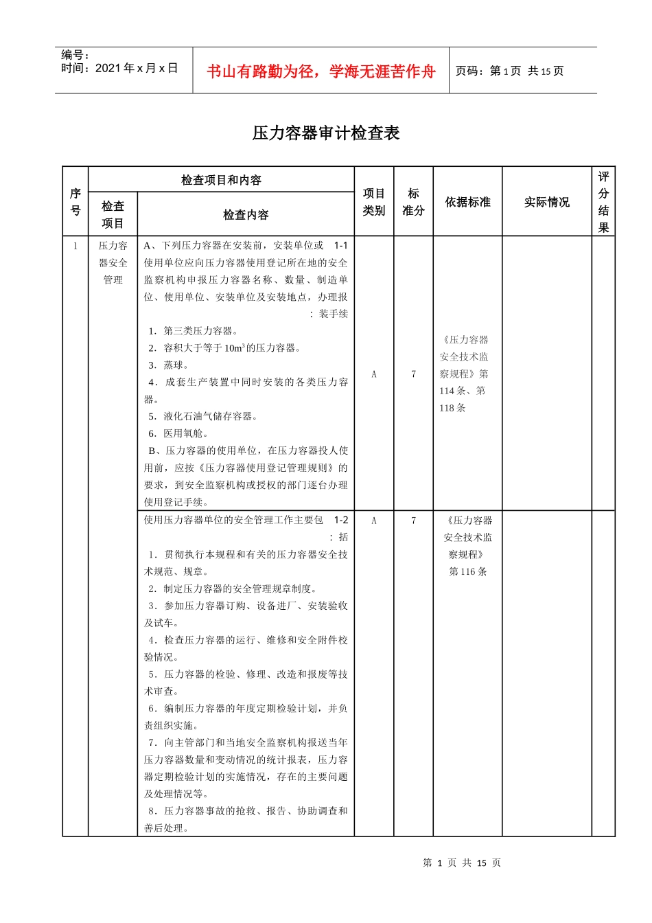 压力容器审计检查表项目和内容介绍_第1页