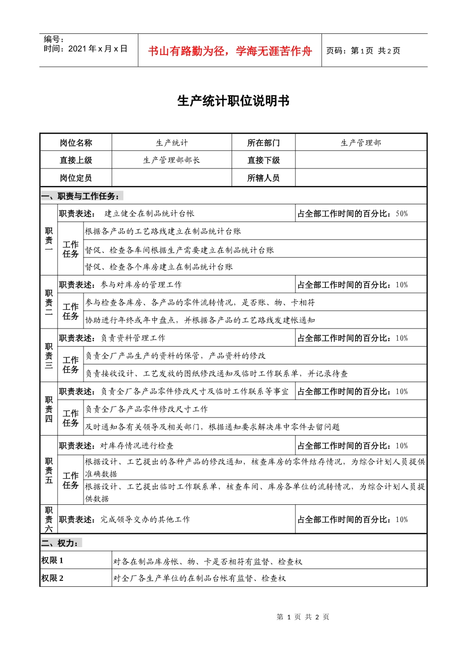 仪器生产企业生产统计职位说明书_第1页