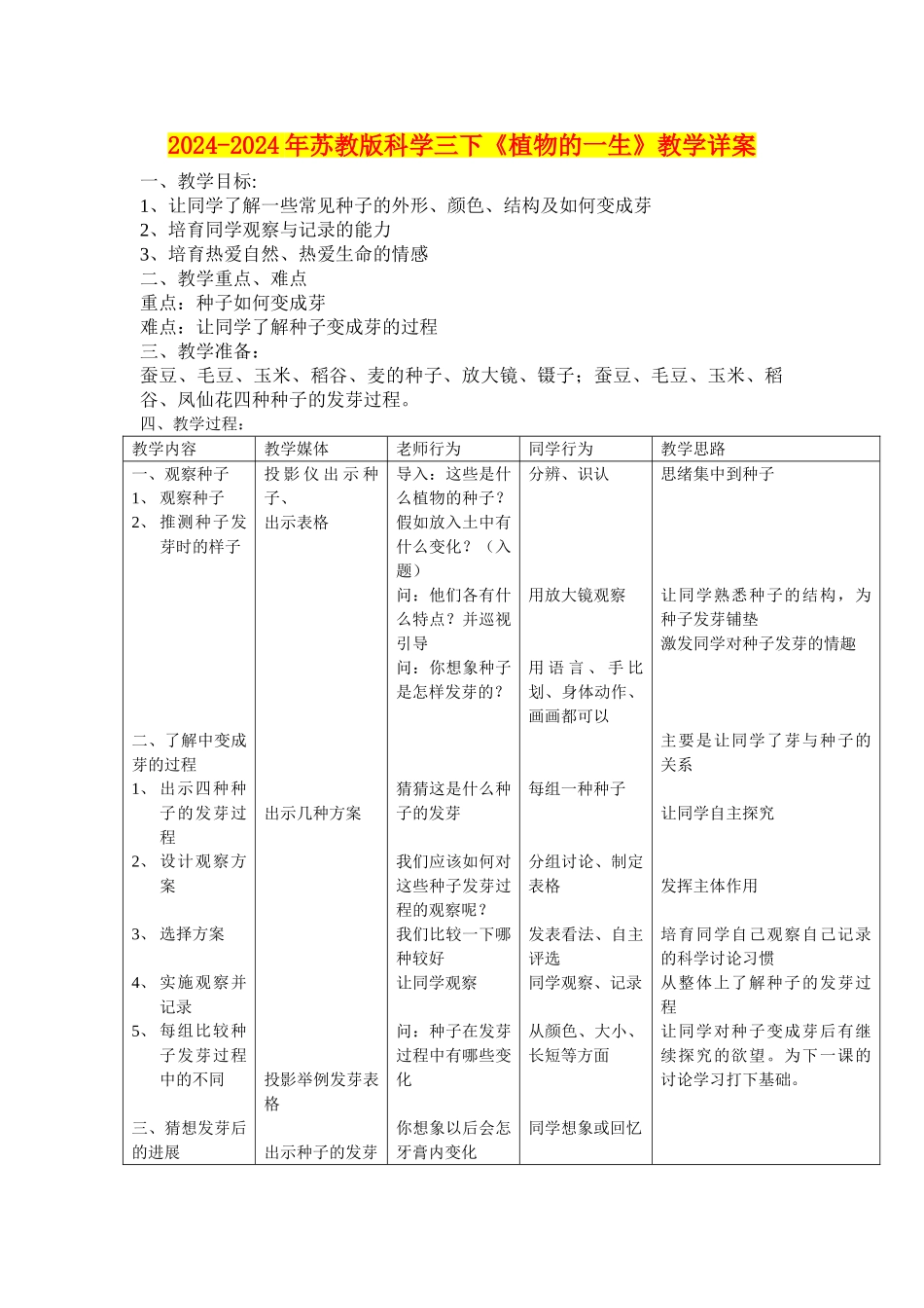 2024-2024年苏教版科学三下《植物的一生》教学详案_第1页