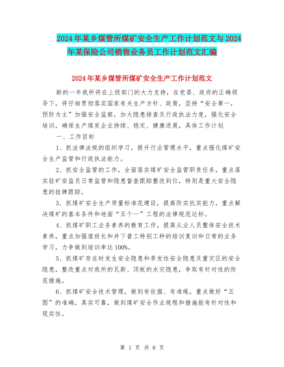 2024年某乡煤管所煤矿安全生产工作计划范文与2024年某保险公司销售业务员工作计划范文汇编_第1页