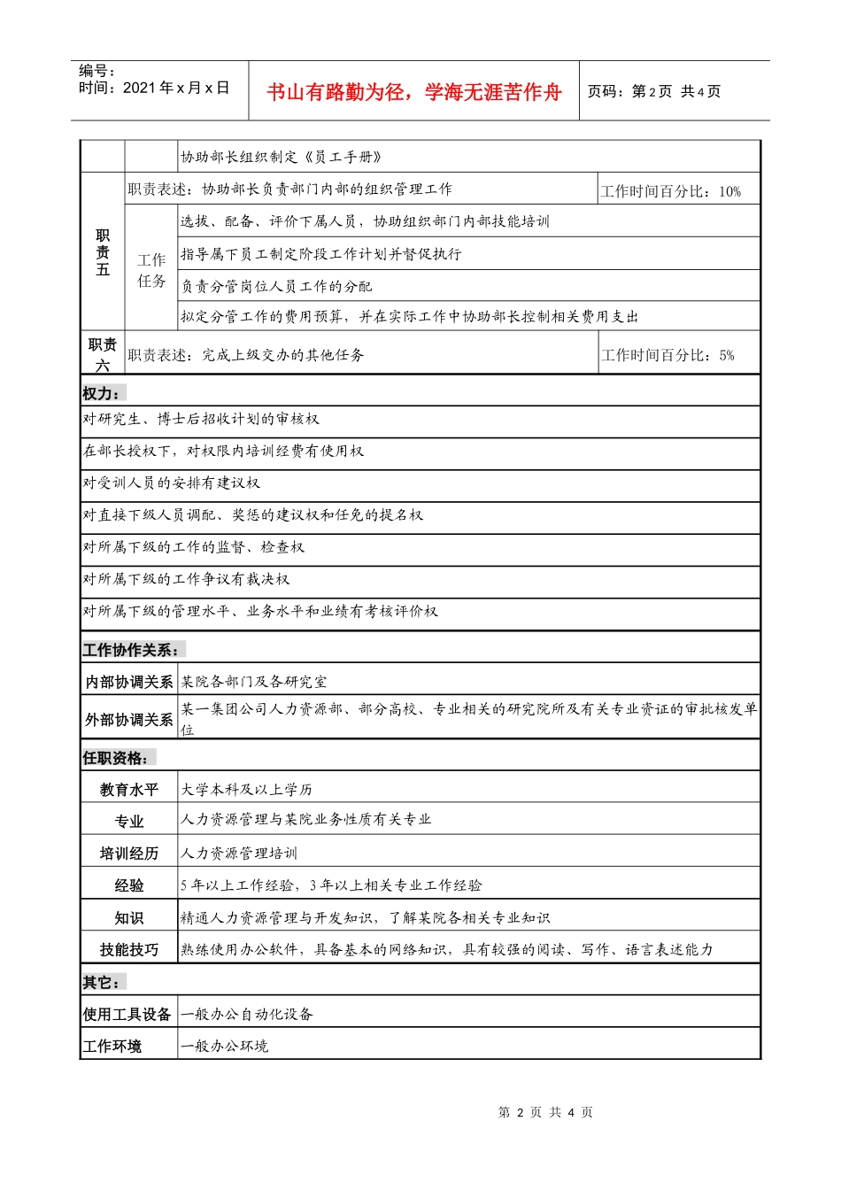 人力资源部教育培训副部长职务说明书_第2页
