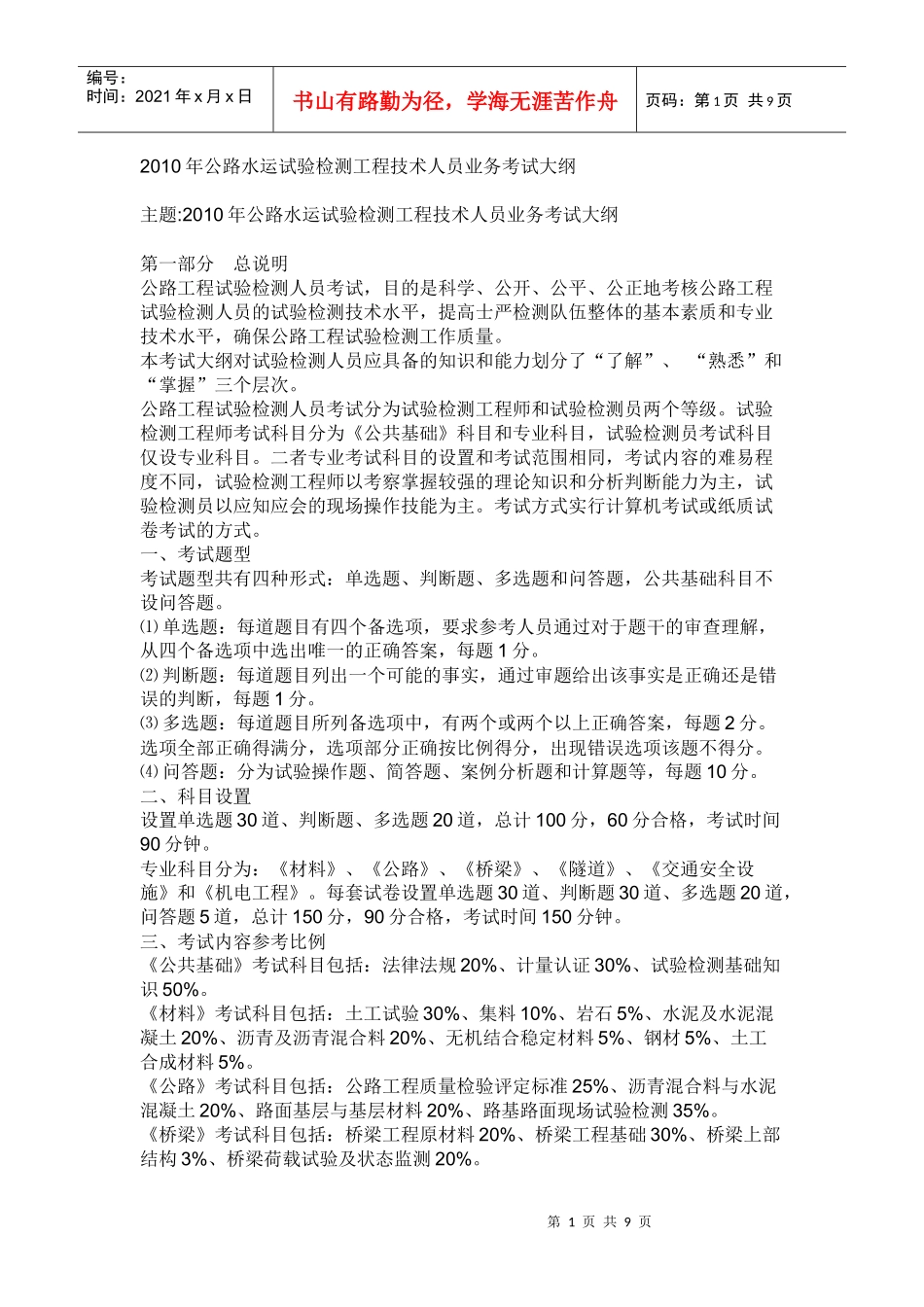 人力资源-2022XXXX公路水运试验检测人员考试大纲_第1页