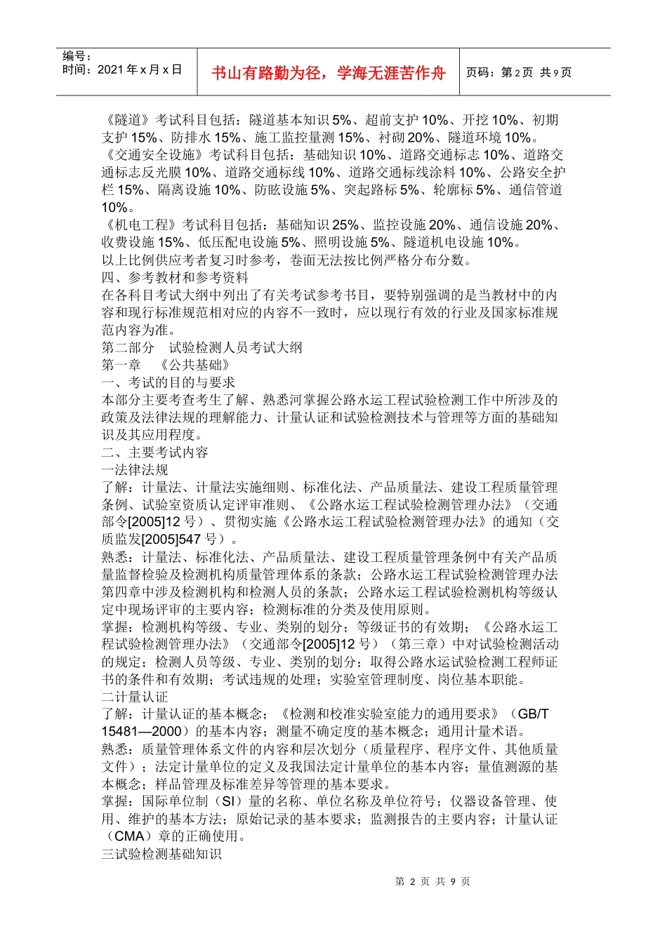 人力资源-2022XXXX公路水运试验检测人员考试大纲_第2页
