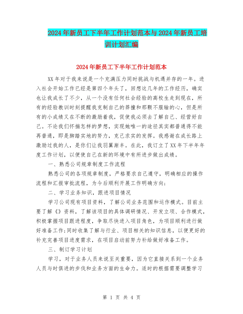 2024年新员工下半年工作计划范本与2024年新员工培训计划汇编_第1页