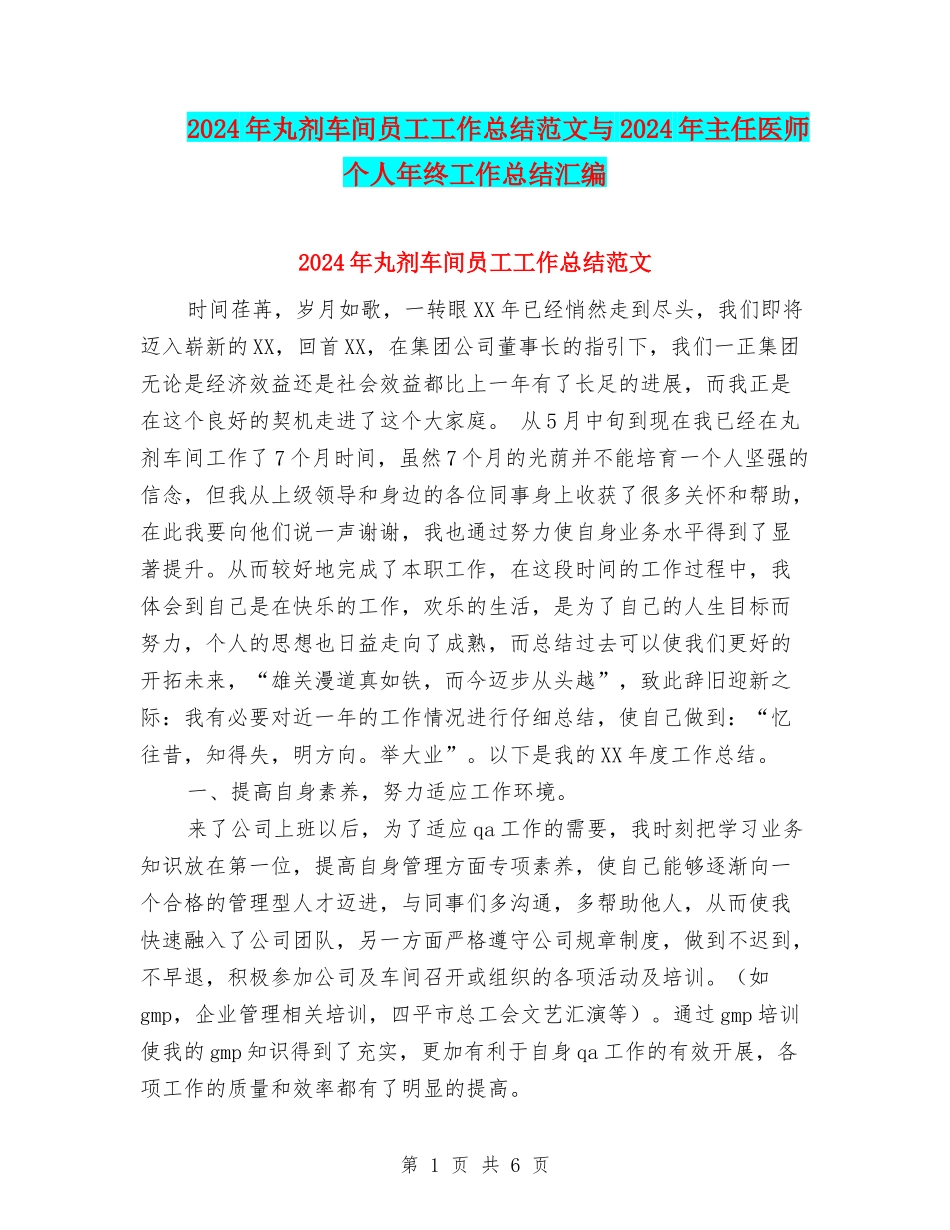 2024年丸剂车间员工工作总结范文与2024年主任医师个人年终工作总结汇编_第1页