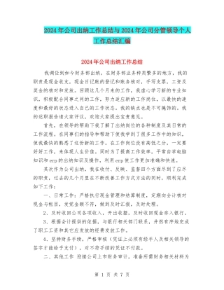 2024年公司出纳工作总结与2024年公司分管领导个人工作总结汇编